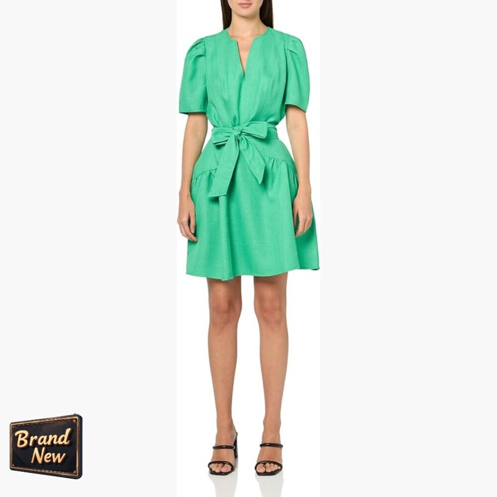 Linen Puff Sleeve Casual Dress With Back Zipper